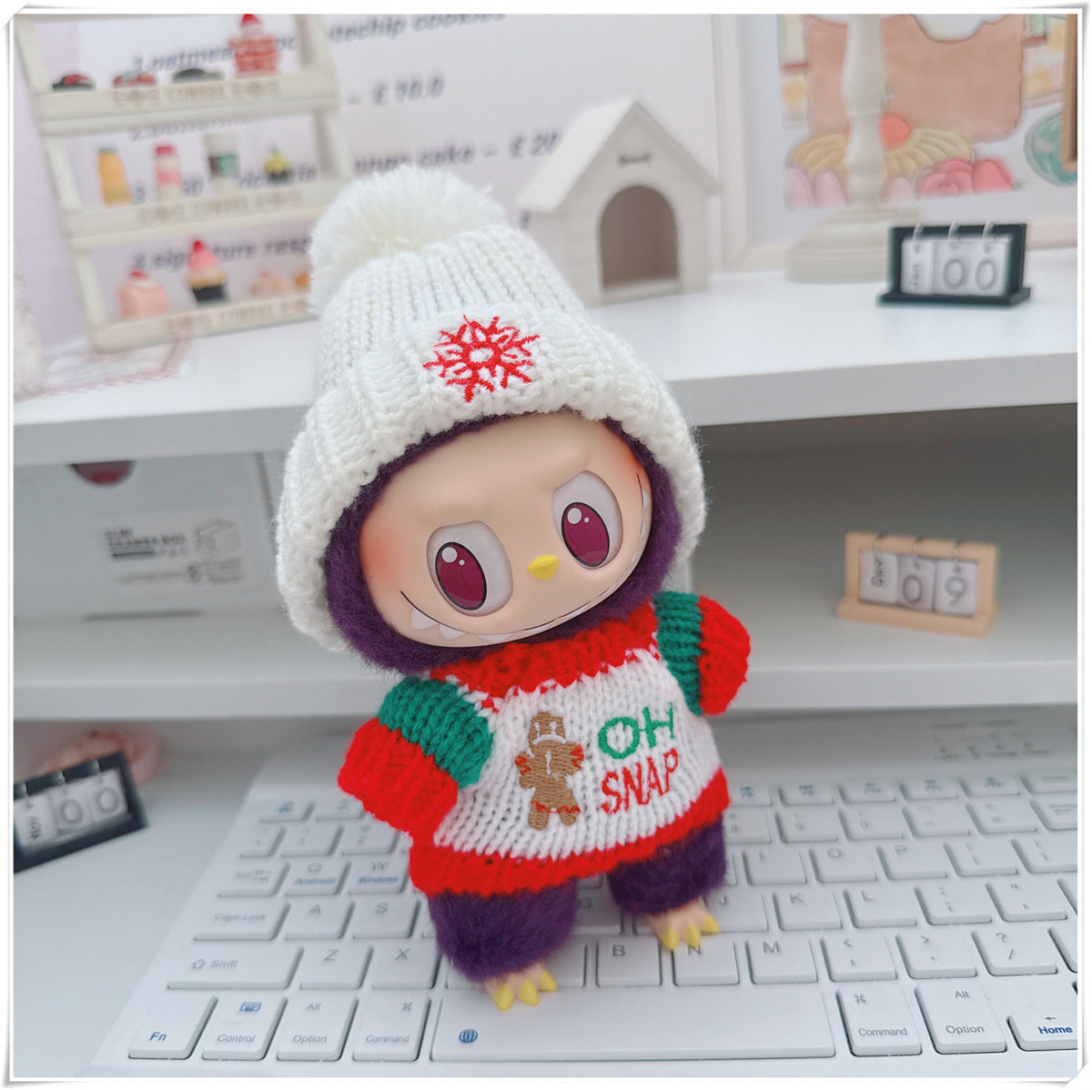 Labubu Doll Christmas Outfit - Snowflake & Gingerbread Man Sweater with Knitted Hat