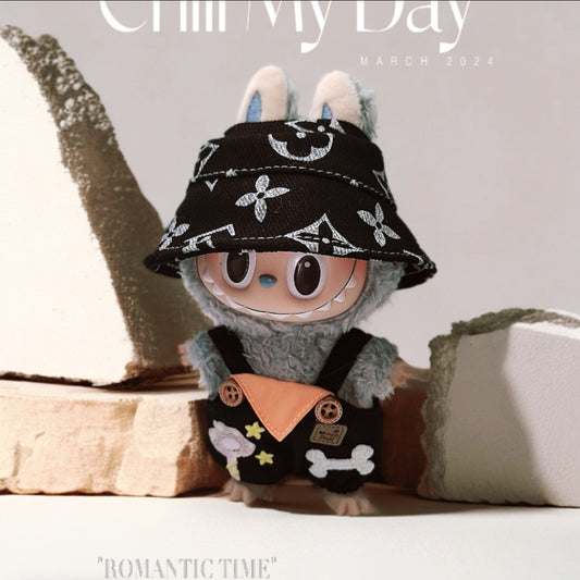 Labubu Doll Outfit - Black & Blue Overalls with Clover Hat