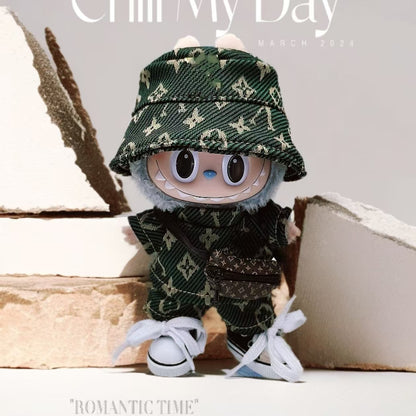 Labubu Doll Outfit - Green & Black Casual Dress Set with Hat & Bag