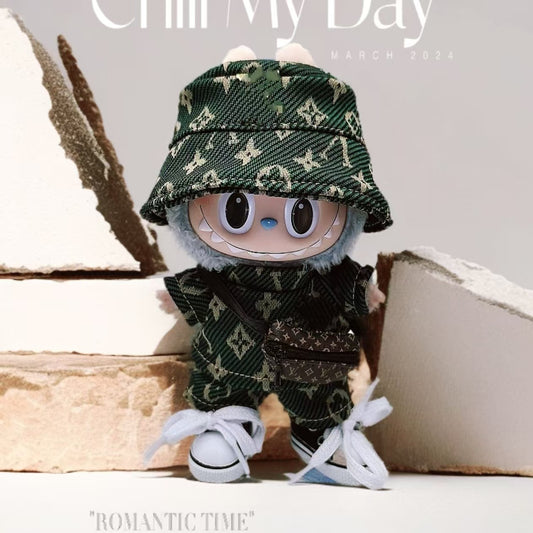 Labubu Doll Outfit - Green & Black Casual Dress Set with Hat & Bag