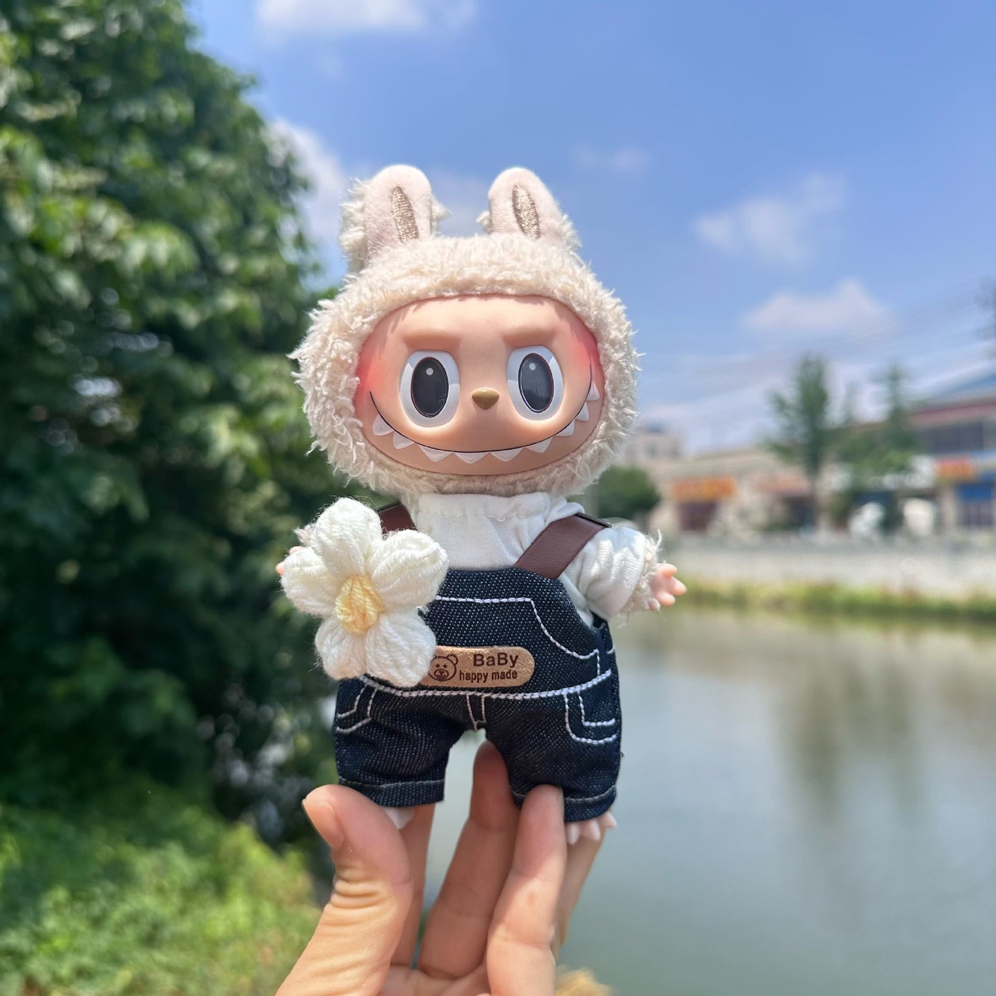 Clothes Only] Macaron Labu Cloth Pendant Clothes Denim suit 17CM Keychain LABUBU Hat Shoes