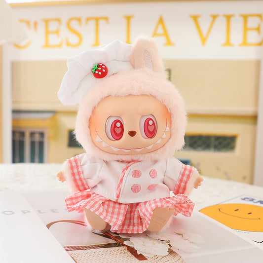 In-Stock First and Second Generation Labubu Pendant Clothes Strawberry Hat Chef Bow Plaid Skirt Set Clothes Only