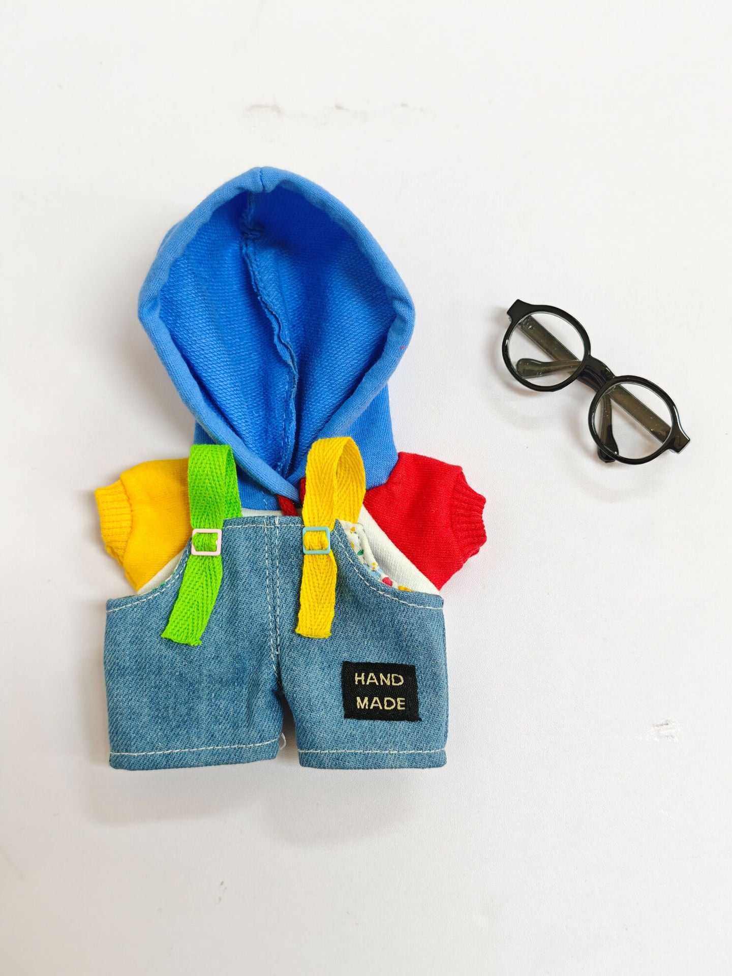 Labubu 17cm Doll Denim Suspenders Outfit with Black Glasses