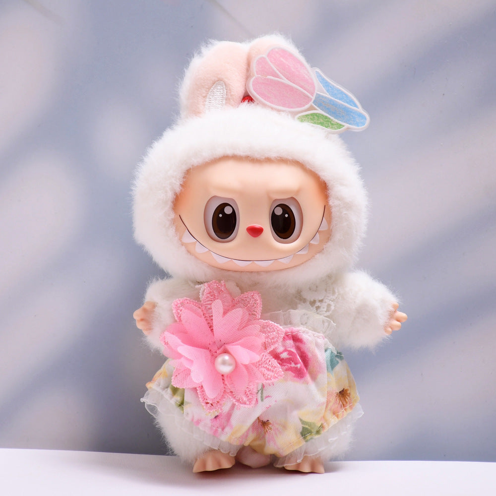 Only baby clothes] one or two generation pendant labubu clothes summer blue flower skirt straw hat cloth doll clothes
