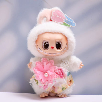 Only baby clothes] one or two generation pendant labubu clothes summer blue flower skirt straw hat cloth doll clothes