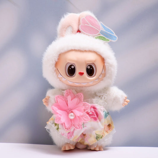 Only baby clothes] one or two generation pendant labubu clothes summer blue flower skirt straw hat cloth doll clothes