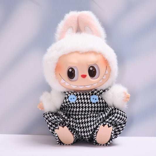 Labubu Doll Houndstooth Overalls Outfit - Black & White Baby Clothes Style