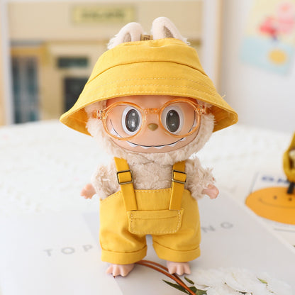 The first and second generation labubu sit party doll clothes the third generation cola vinyl blind box clothes fisherman hat suspenders pants suit