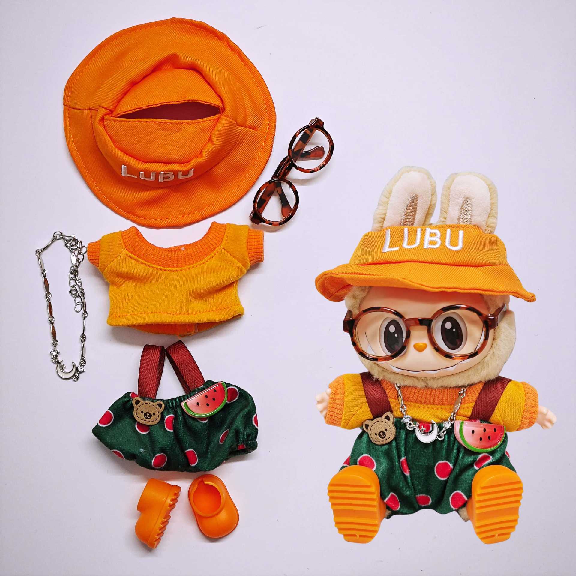 Labubu Doll Outfit - Orange Hat & Watermelon Overalls Suit for 15cm/17cm Labubu