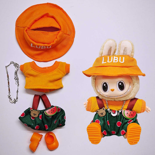 Labubu Doll Outfit - Orange Hat & Watermelon Overalls Suit for 15cm/17cm Labubu