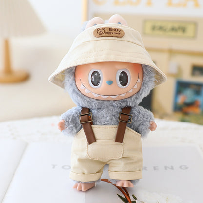The first and second generation labubu sit party doll clothes the third generation cola vinyl blind box clothes fisherman hat suspenders pants suit