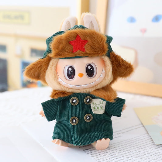 17cm Rab cloth doll first and second generation sitting party labubu doll blind box pendant military coat clothes shoes and hats