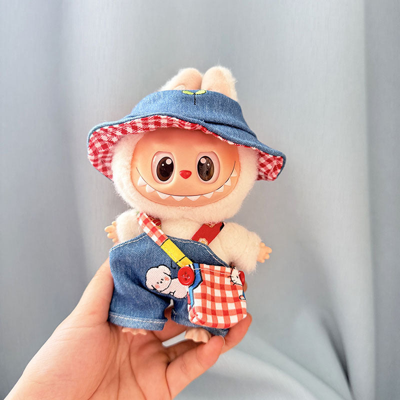 Clothes Only] 17cm Pendant Labubu Clothes Cat t Camellia Straw Hat Suit Labubu Doll Clothes