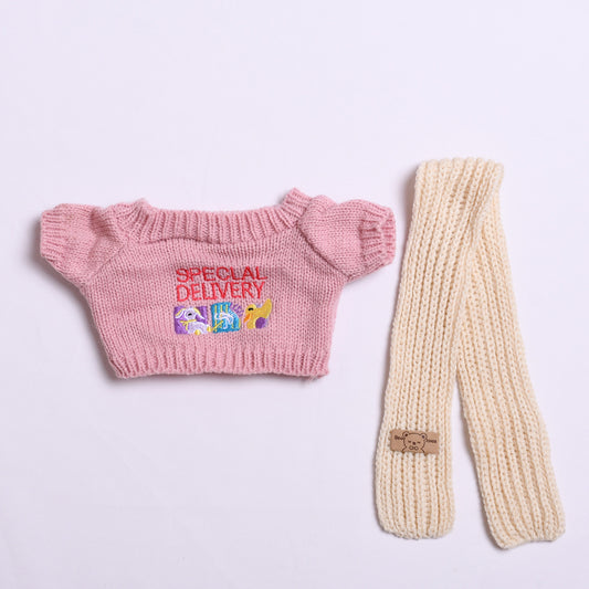 Labubu Doll Pink Sweater Outfit for 38cm Vinyl Doll - Scarf & Hat