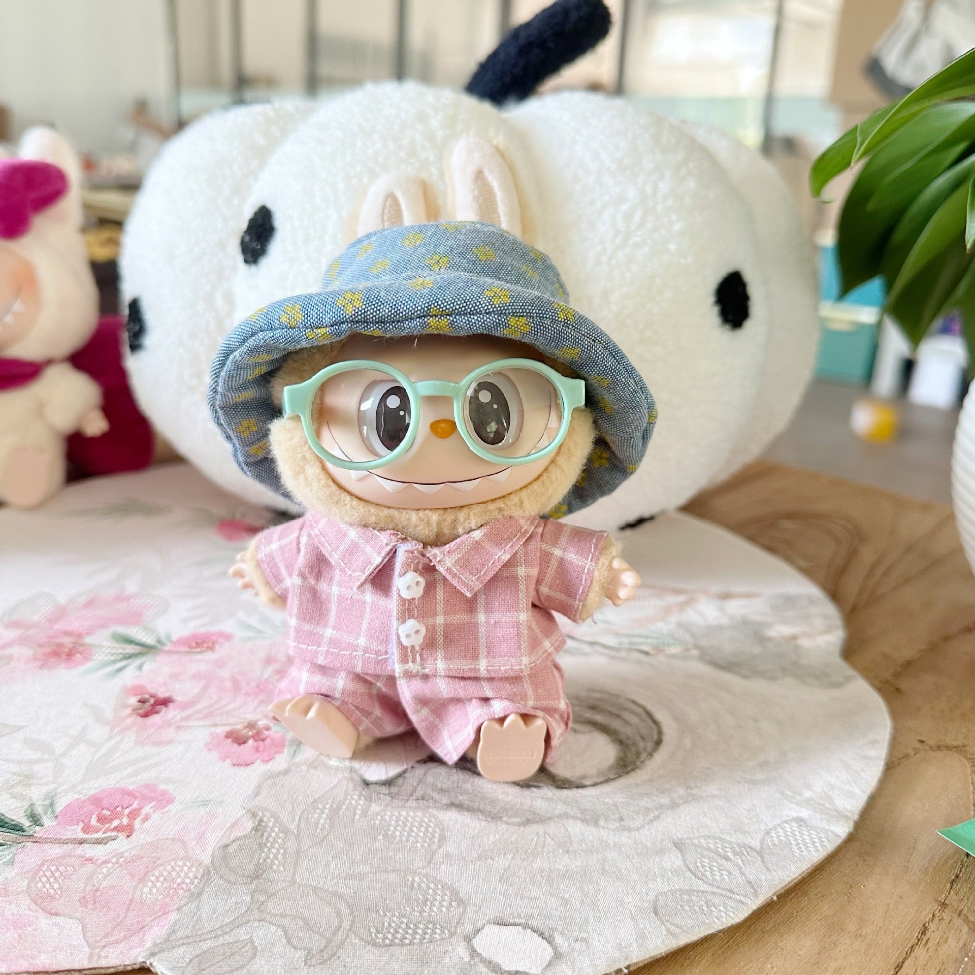 Baby Clothes Only] First/Second Generation Pendant Rab Sit Party Series Doll Clothes Pink Plaid Blue Hat suit