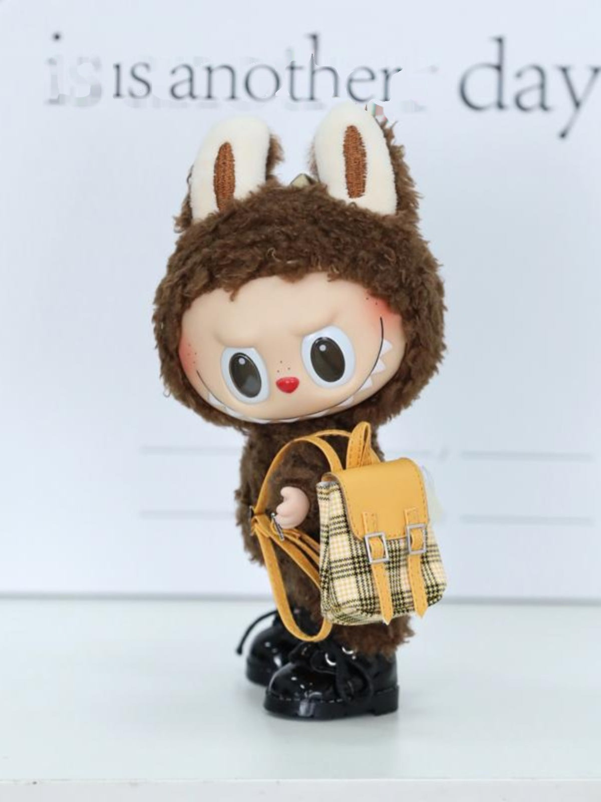 Labubu Doll Outfit Set - Purple Hat, Leopard Glasses, Overalls, White T-Shirt, Yellow Bag, Brown Shoes