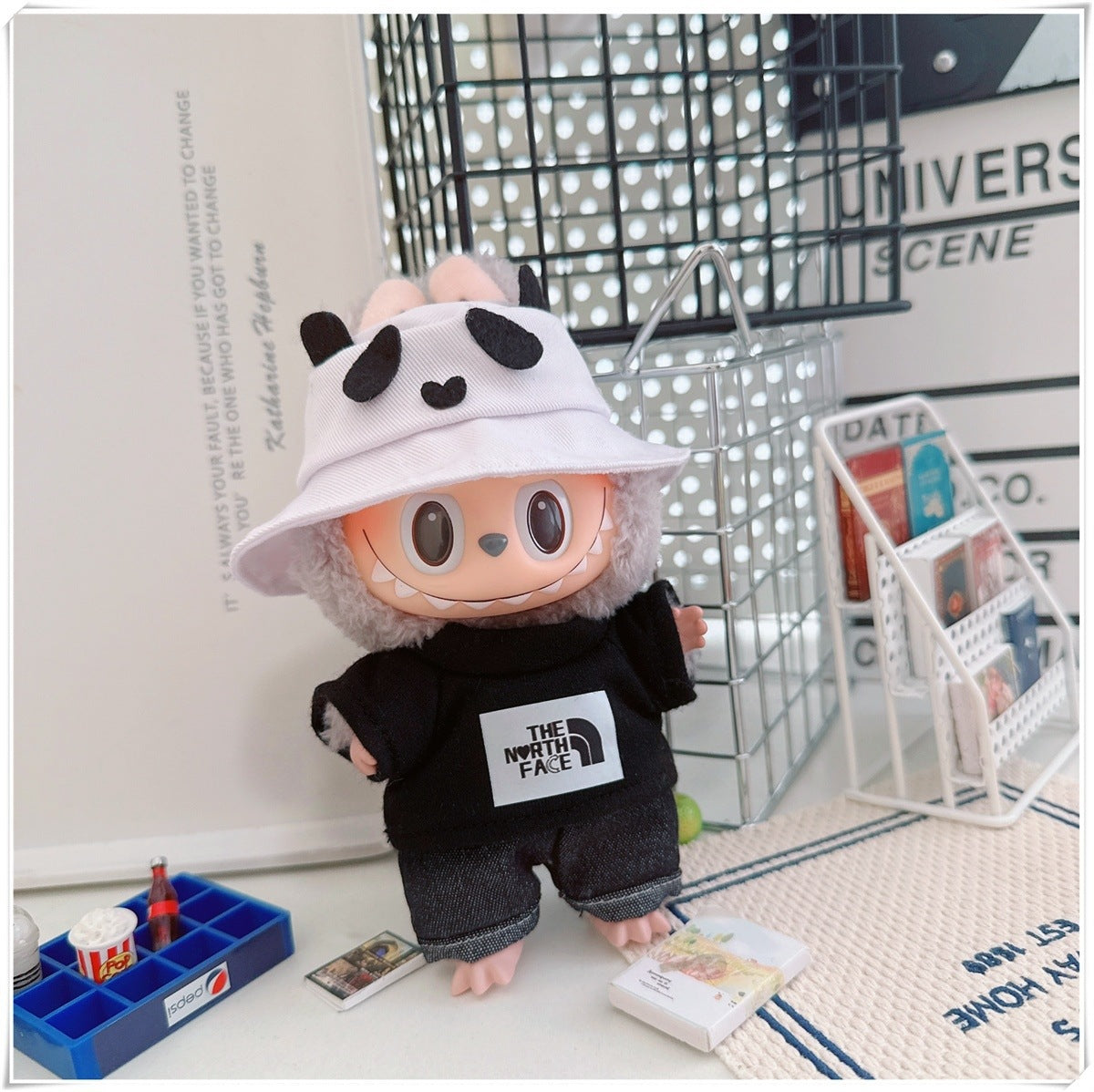 Labubu Doll Sportswear Outfit - T-Shirt, Denim Shorts & Accessories