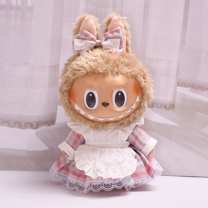 Labubu Doll Pastoral Maid Plaid Dress Apron Outfit for 38cm Pull Cloth