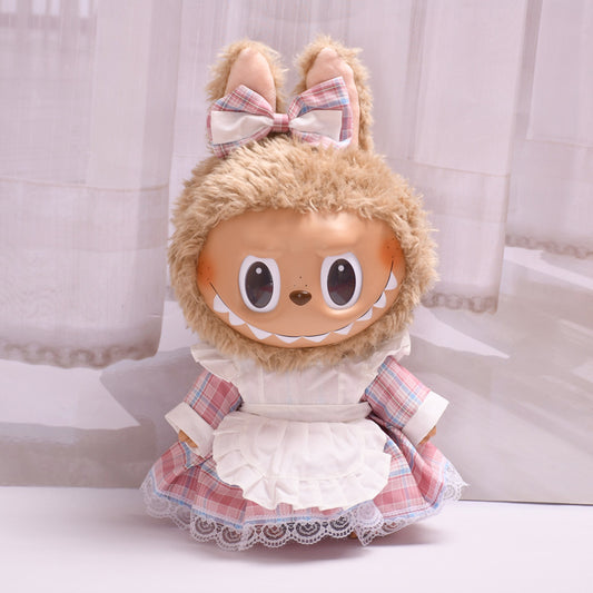 Labubu Doll Pastoral Maid Plaid Dress Apron Outfit for 38cm Pull Cloth
