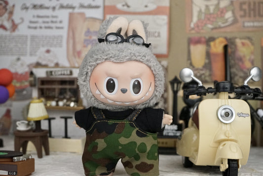 Labubu Doll Camouflage Overalls & Black T-Shirt Outfit for 17cm Doll
