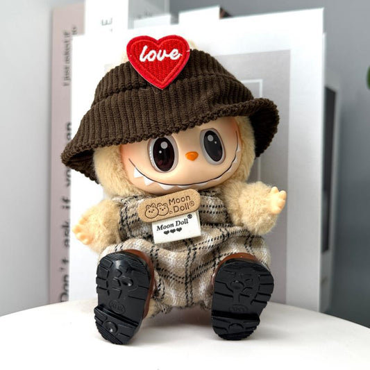 17cm Labubu Doll Clothes - Brown Hat, Overalls & Shoes