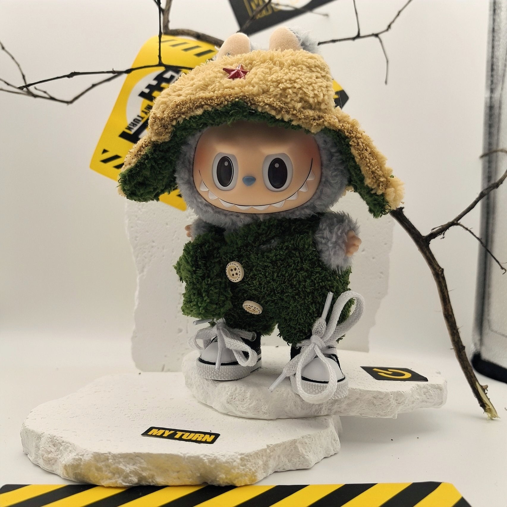 Labubu Doll Red Lei Feng Hat Outfit with Canvas Shoes