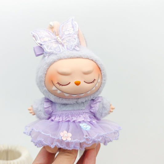 Labubu Doll Outfit - Purple Fairy Skirt & Beige Cardigan for 15-17cm Vinyl Dolls