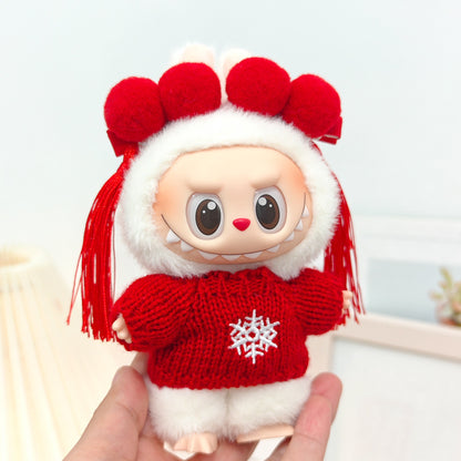 Labubu Doll New Year Red Sweater & Lucky Hat Outfit for 15-17cm Pendant Doll