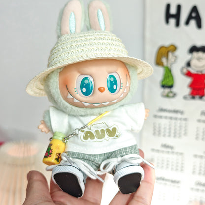 Labubu Doll Summer Outfit Set with Straw Hat & Canvas Shoes