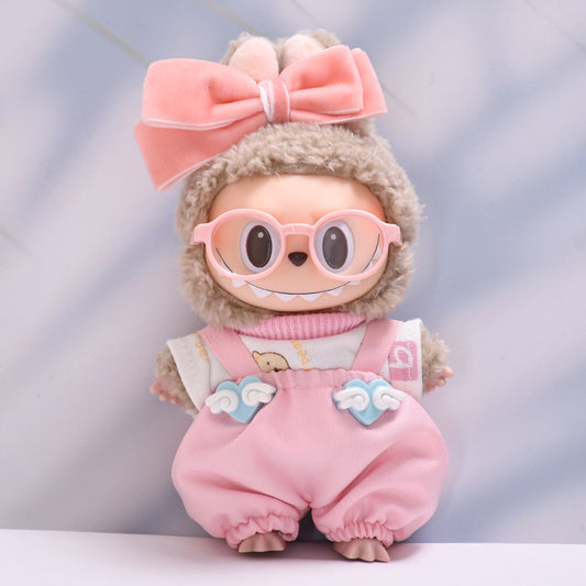Labubu Doll Love Cloud Overalls Suit with Pink Glasses & White Shoes