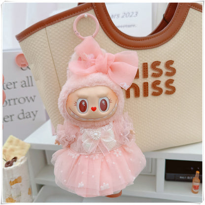 Labubu Doll Princess Skirt Outfit for 17cm Vinyl Doll - White Lace & Pink Cake