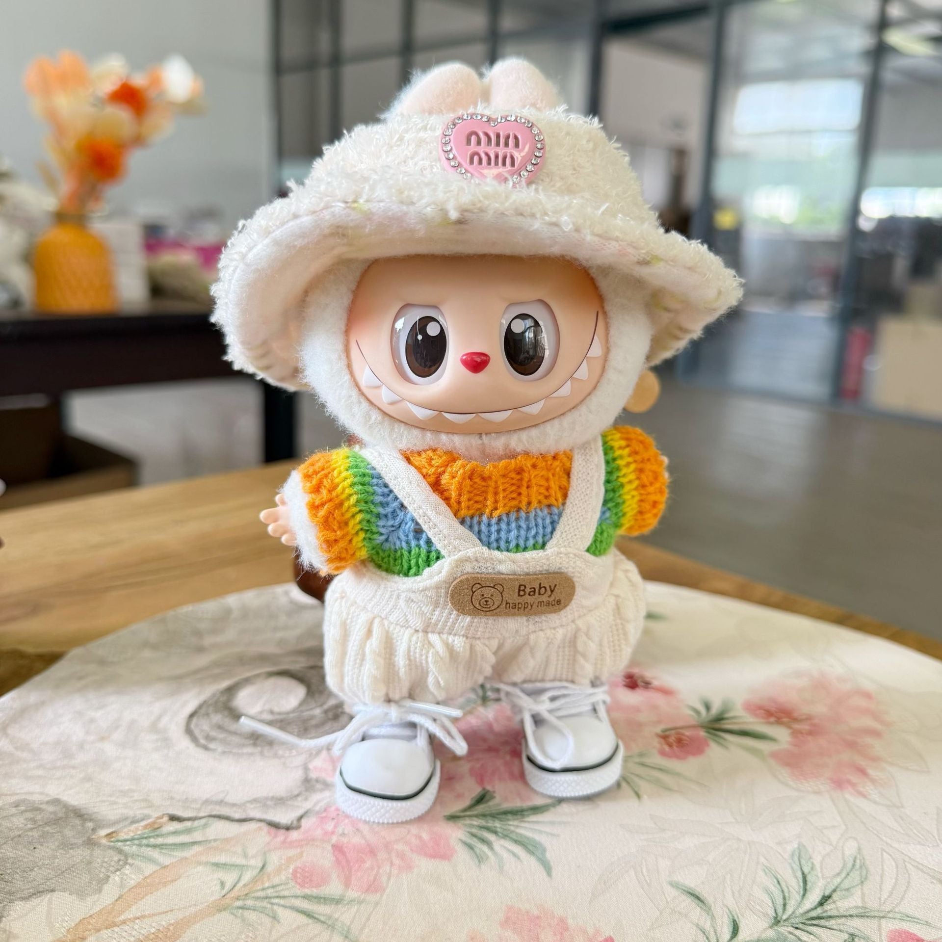 Labubu Doll Rainbow Sweater & Overalls Outfit for 10cm/17cm Vinyl Doll
