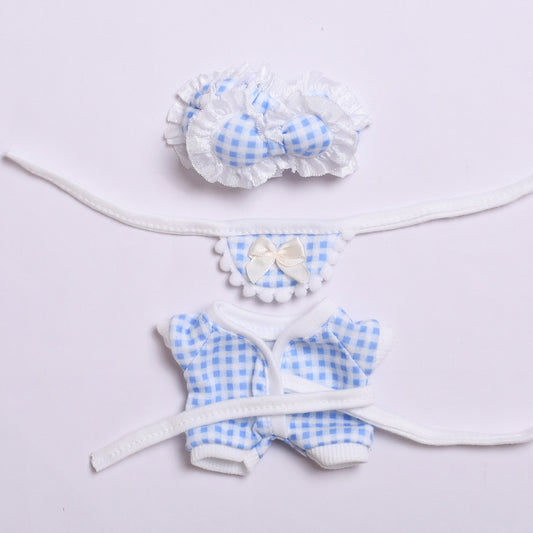 Labubu Doll Pajama Set for 2nd Gen Sitting Vinyl Pendant - Pink & Blue Plaid