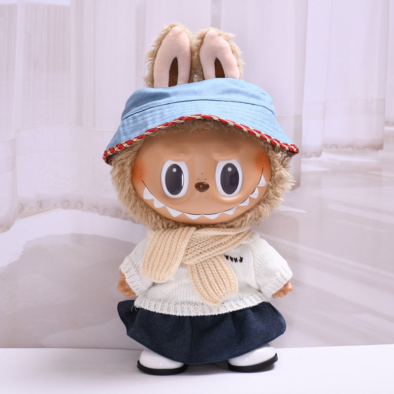 Only clothes] 38cm cloth vinyl doll clothes for labubu white sweater scarf hat doll