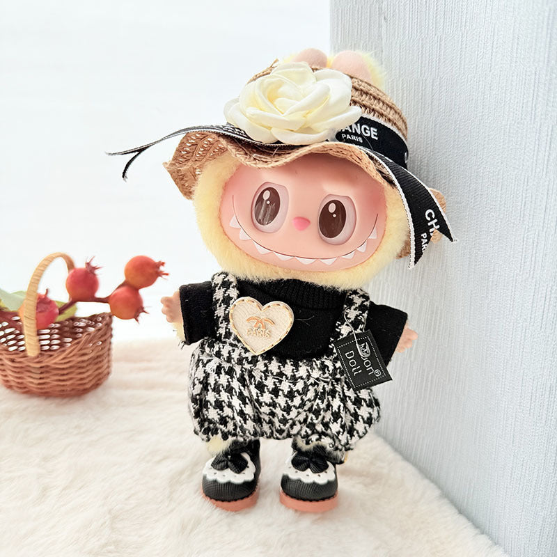 Clothes Only] 17cm Pendant Labubu Clothes Cat t Camellia Straw Hat Suit Labubu Doll Clothes