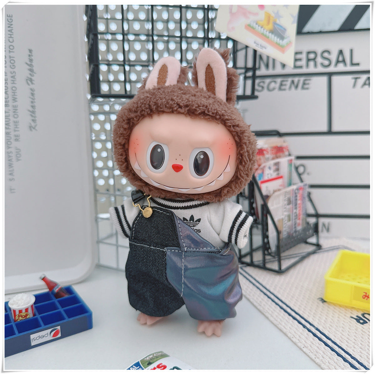 Labubu Doll Outfit - One Shoulder Cool Overalls & T-Shirt Set