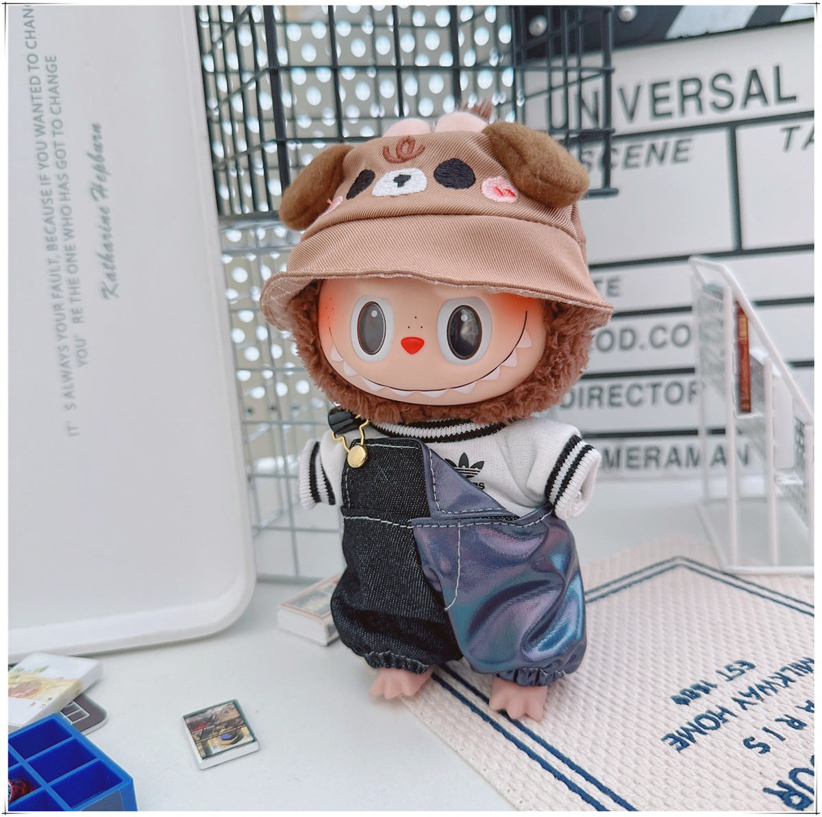 Labubu Doll Outfit - One Shoulder Cool Overalls & T-Shirt Set