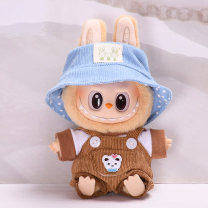 Labubu Doll Outfit - Pink, Yellow, Blue, Purple, Brown Overalls with T-Shirt & Hat