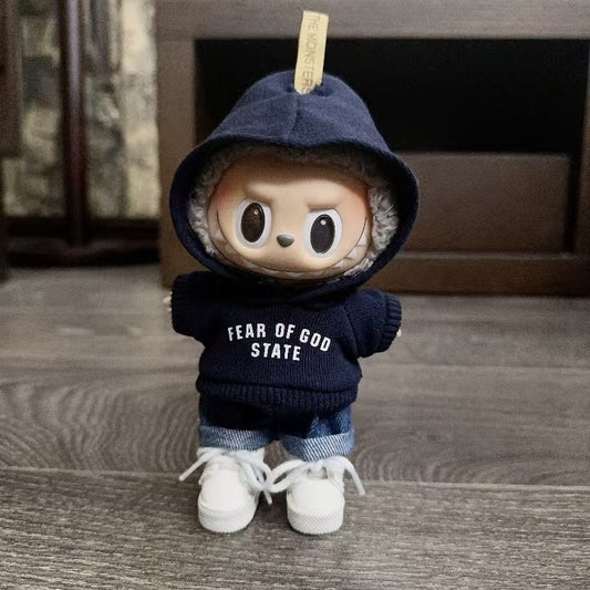 Only clothes for sale] 17cm pendant blind box pull cloth doll key chain Labubu doll printed sweater suit