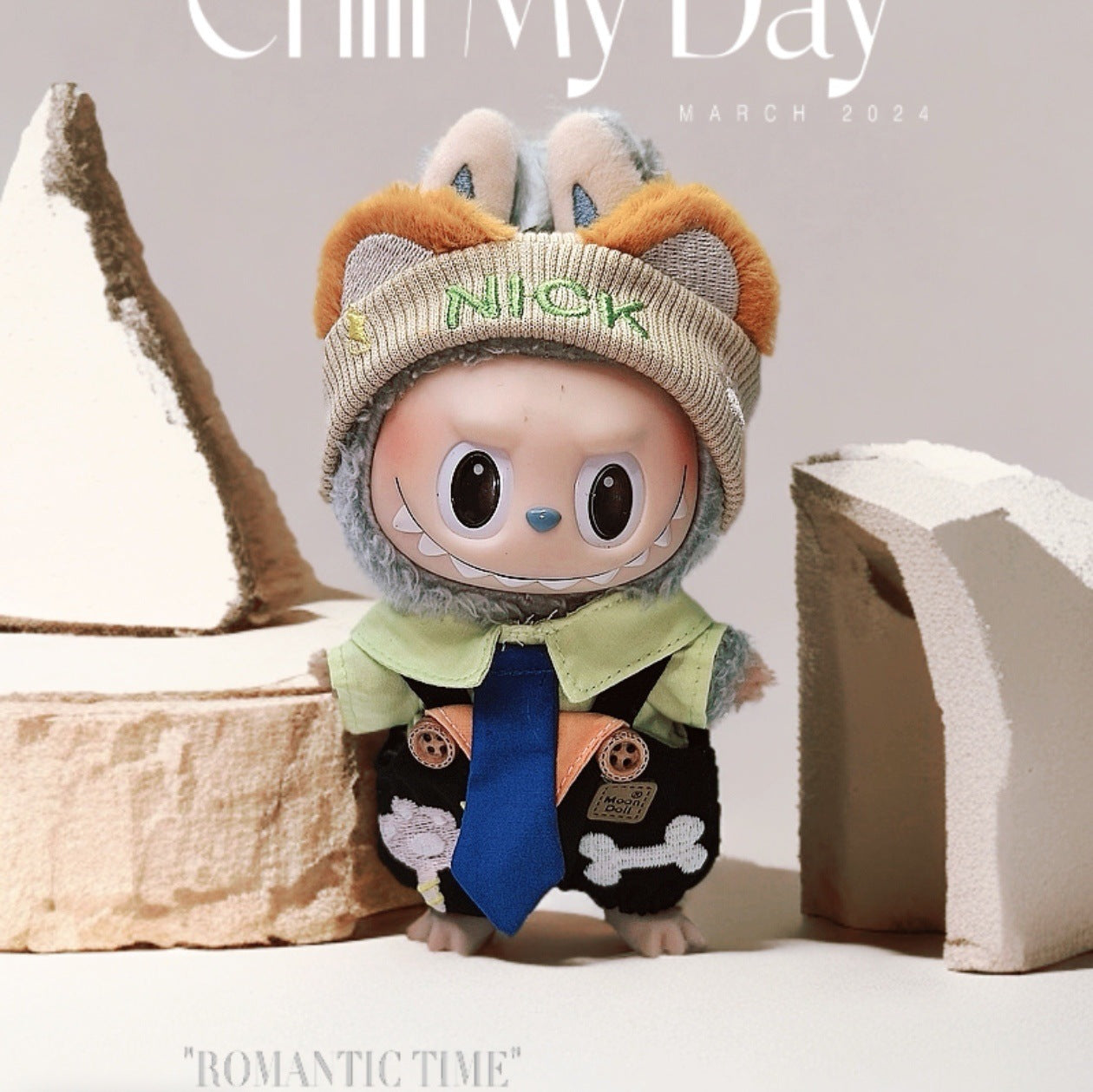 Labubu Doll Outfit - Black & Blue Overalls with Clover Hat