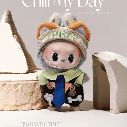 Labubu Doll Outfit - Black & Blue Overalls with Clover Hat