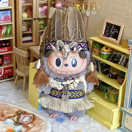 Labubu Vinyl Doll Indian Suit Outfit with Headband and Necklace