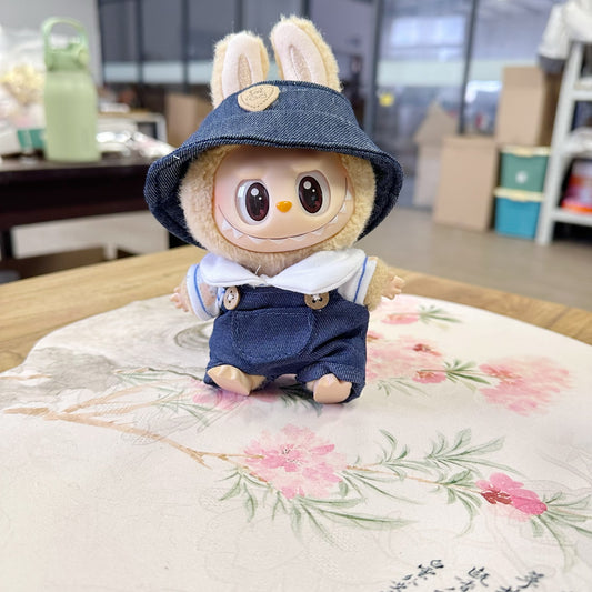 Only clothes] one or two generation blind box pull cloth doll clothes Denim pocket strap suit LABUBU bear cap
