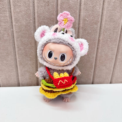 17cm blind box pull cloth handmade clothes blind box labbubu handmade hamburger fries suit afraid of dog head cover