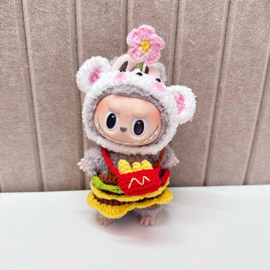 17cm blind box pull cloth handmade clothes blind box labbubu handmade hamburger fries suit afraid of dog head cover