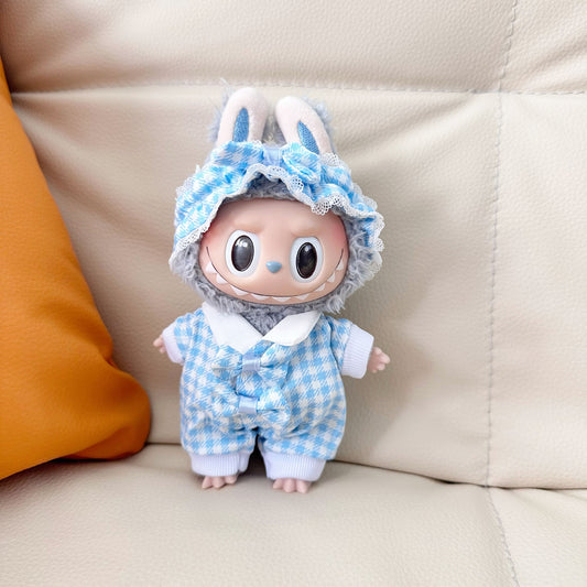 Only clothes] 17CM blind box cloth clothes pink hair band pajamas suit LABUBU blue plaid pajamas