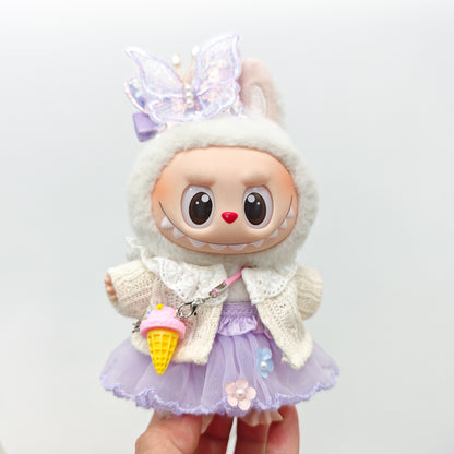 Labubu Doll Outfit - Purple Fairy Skirt & Beige Cardigan for 15-17cm Vinyl Dolls