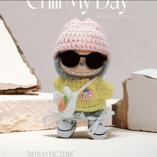 Labubu Doll Outfit Set for 17cm Vinyl Doll - Pink Hat & Sunglasses
