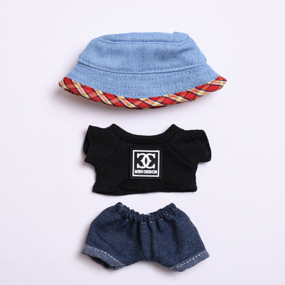 Labubu Doll Outfit - Black & White T-Shirt with Jeans & Denim Hat