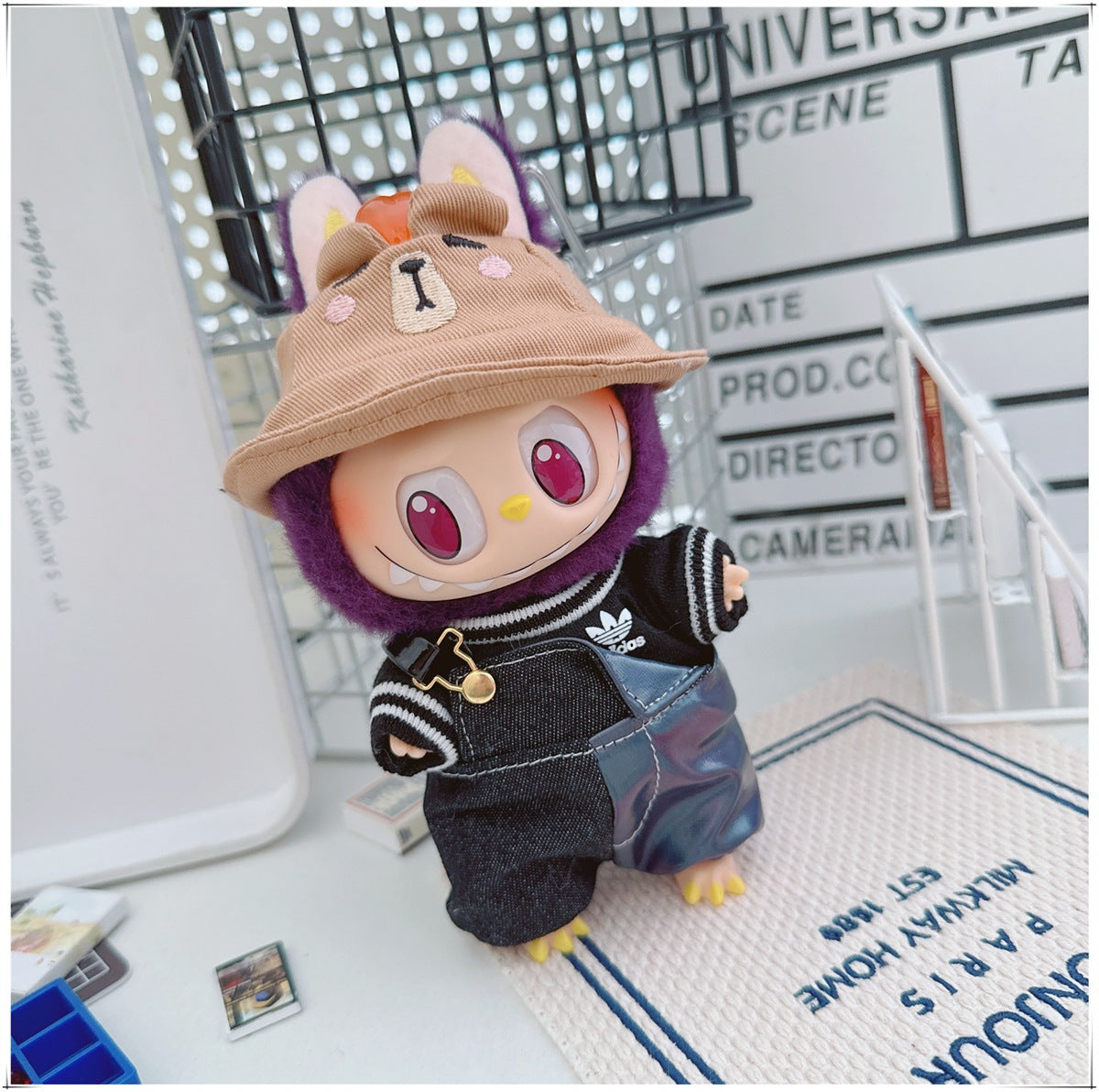Labubu Doll Outfit - One Shoulder Cool Overalls & T-Shirt Set